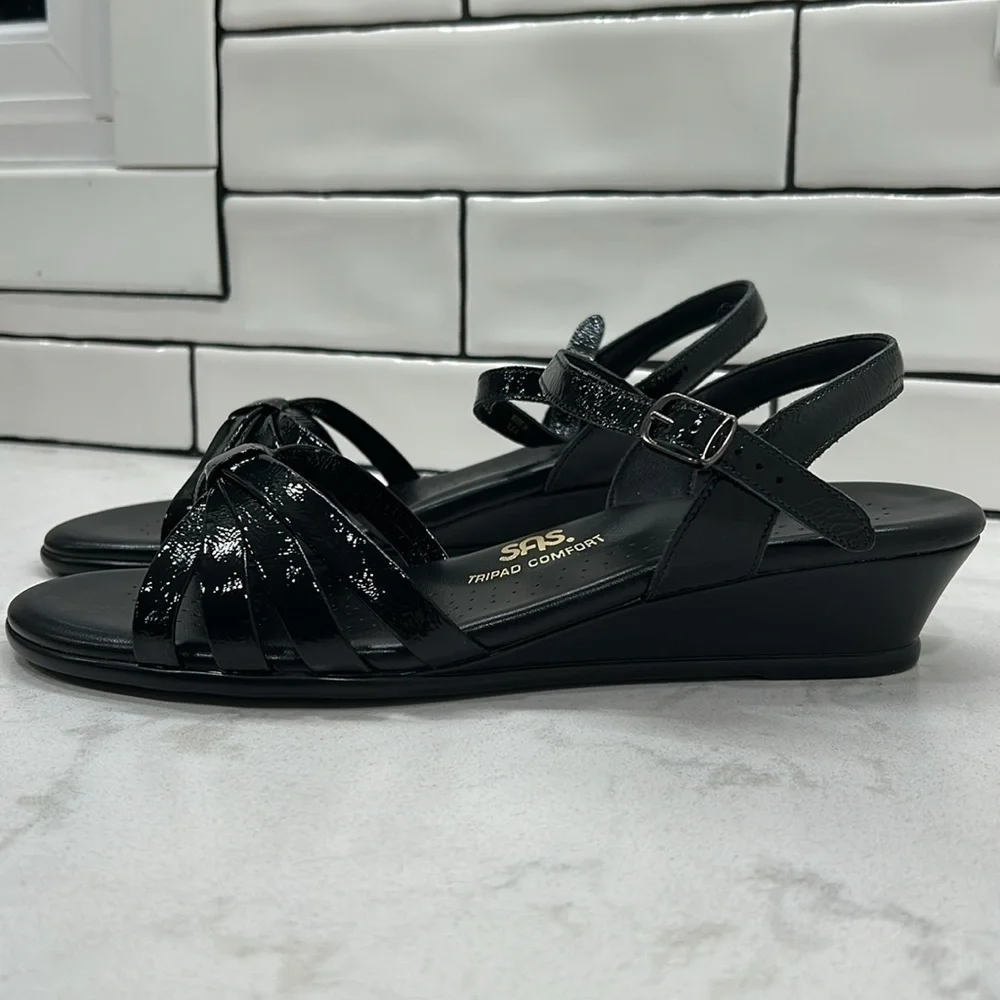 SAS Strippy Quarter Strap Wedge Sandal Women's Stylish Black Patent Size 9